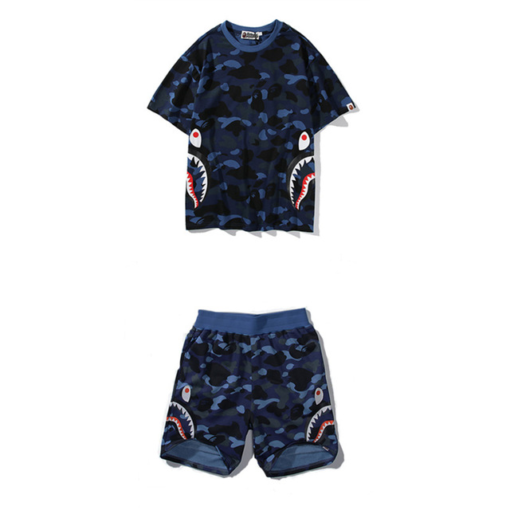 BAPE X CAMO SHARK T SHIRT SHORTS SET BLUE BAPE X CAMO SHARK T SHIRT SHORTS SET BLUE